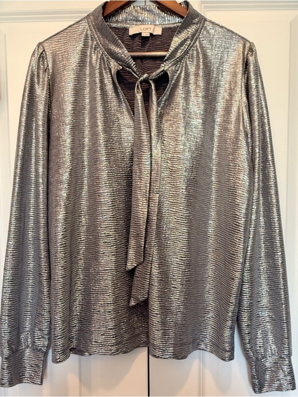 LOFT Silver Metallic Tie-Neck Blouse